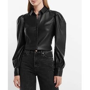 Express Faux Leather Puff Sleeve Button Down Shirt